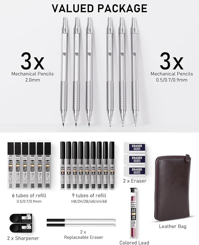 Nicpro 30PCS Silver Metal Mechanical Pencils Set in Leather Case, Art Drafting Pencil 0.5, 0.7, 0.9 mm, 2mm Lead Pencil Holder for Sketching Drawing With 16 Tube (6B 4B 2B HB 2H 4H Colors)Lead Refill
