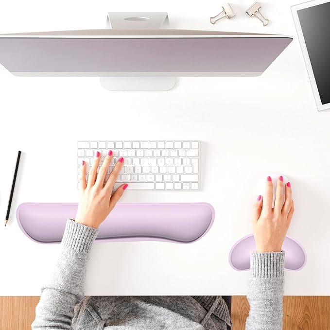 Dapesuom Keyboard Wrist Rest Set, Cute PU Leather Wrist Cushion for Computer Keyboard and Mousepad, Memory Foam Mouse Pad Rests Support with Non-Slip Base for Typing Pain Relief, Laptop, Queen Pink