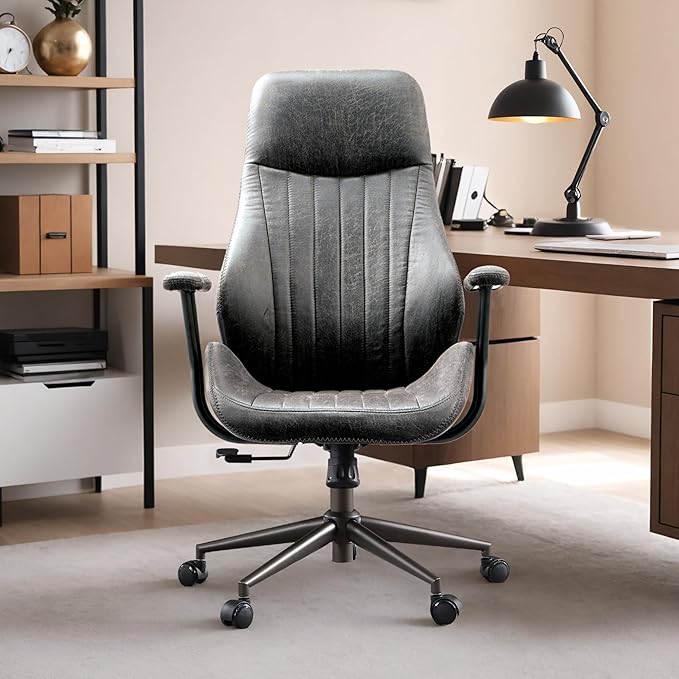 Mid Century Modren Office Chair - High Back Swivel Executive Chair with Lumbar Support,Ergonomic Computer Desk Chair with Wheels,Faux Lether Suede Task Chair,350lbs (Grey, High Back)