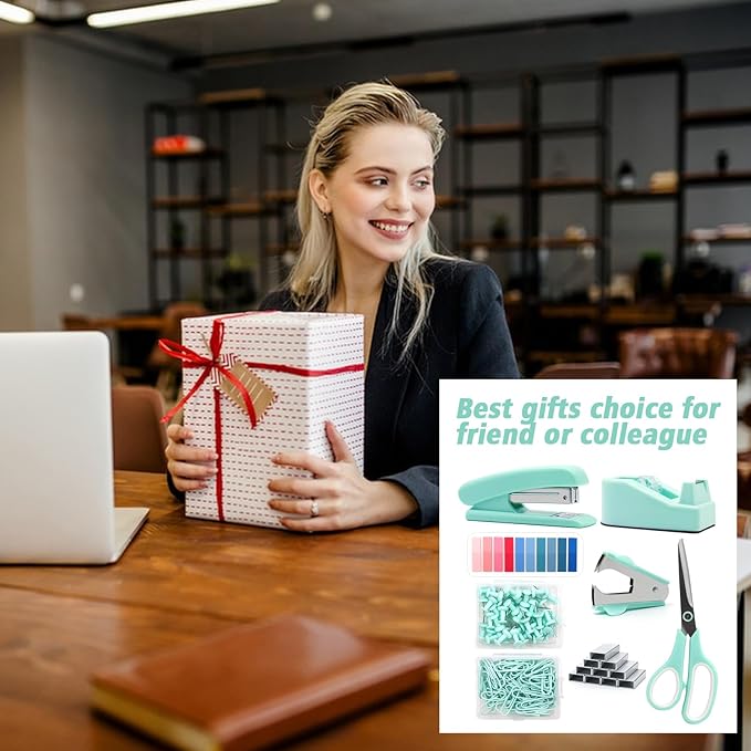 Mint Green Desk Accessories, Teal Office Supplies, Stapler and Tape Dispenser Set, Teal Desk Accessory Kit, Gift for Students, Women, Coworkers, Boss Lady, Office Clerks