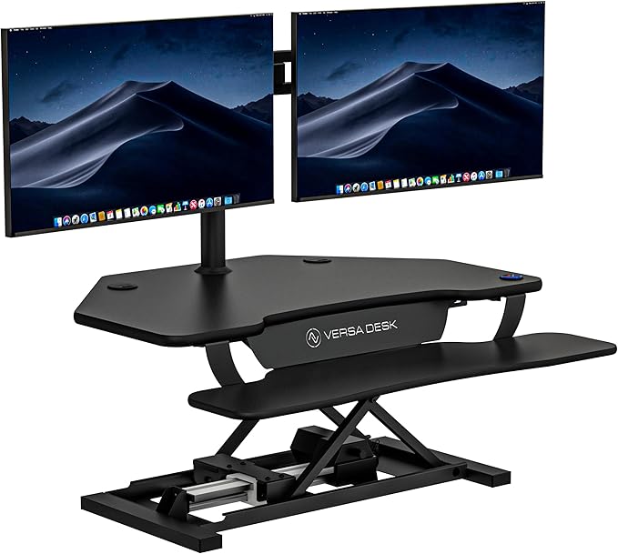VERSADESK® PowerPro™ 36" Corner Standing Desk Converter, 36 Inch Motorized Height-Adjustable Standup Desk Riser Sit to Stand Desktop with Keyboard and Mouse Tray + USB Charging Port, Black