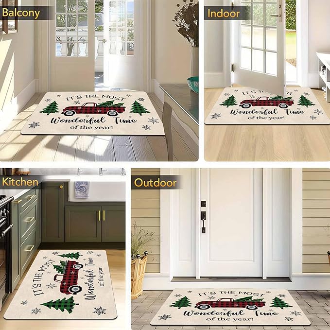 Merry Christmas Buffalo Plaid Truck Doormat Welcome Tree Mat Non Slip Holiday Xmas Front Door Mat for Entrance Indoor Home Bathroom Floor Decoration, 16" x 24" Inch