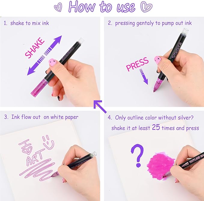 Outline Shimmer Glitter Markers for Kids, 12 Metallic Outline Marker Pen, Super Squiggles Shimmer Markers for Doodling, Art Supplies, Arts Crafts, Gifts for 8-12 Year Old Girls, Double Line Pens