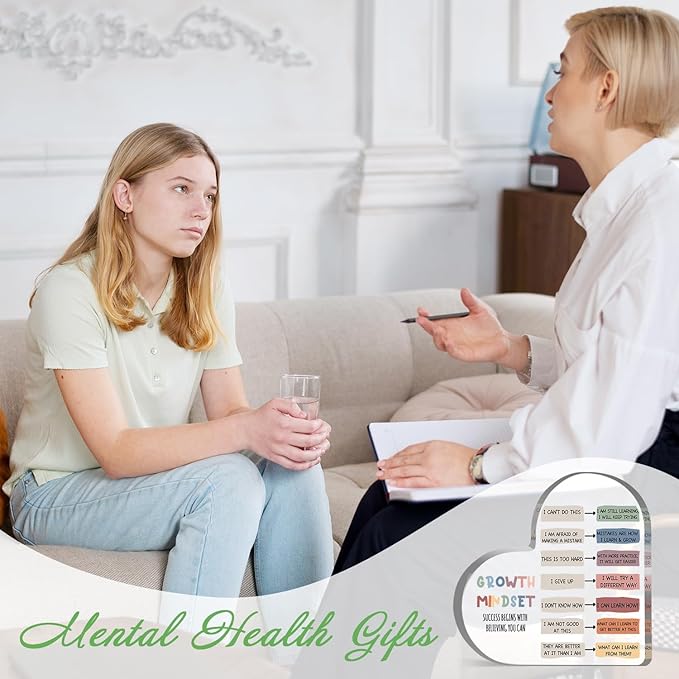 Growth Mindset Decor, Mental Health Therapy Office Classroom Art Educational Acrylic Heart Inspirational Gift Change Your Mindset Decorations Positive Sayings Gifts for Teacher Students School