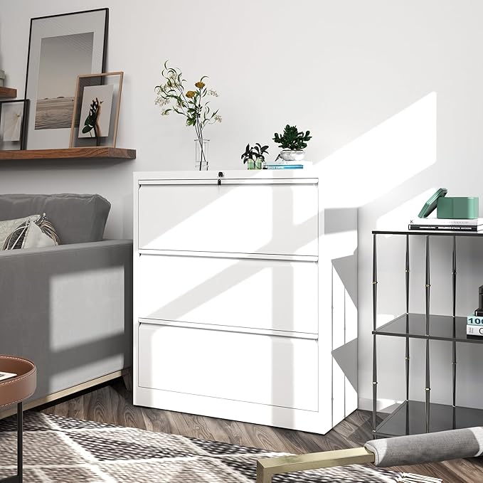 File Cabinets 3 Drawer,Metal Office Storage Filing Cabinet with Lock,White Lateral Filing Cabinet for Home Office,Horizontal Locking File Cabinets for Legal/Letter/A4 Files,Assembly Require