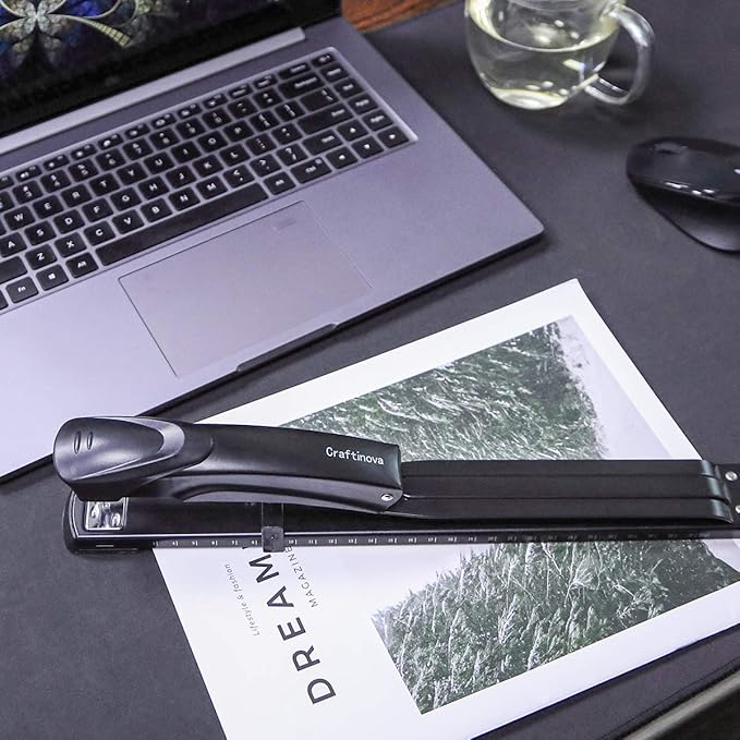 Long Reach Stapler,with 2000 Staples & Stapler Remover Full Strip,20-25 Sheet Capacity,with Built-in Ruler and Adjustable Locking Paper Guide, Black