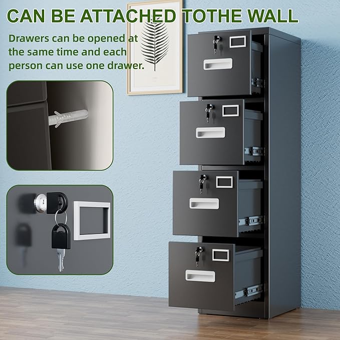 Aobabo 4 Drawer File Cabinet, Metal Filing Cabinet with Lock, Suitable for Home Office School Hanging Files Letter/Legal/A4 Size,Black,Required-Assembly,17.72" D x 14.96" W x 55.2" H