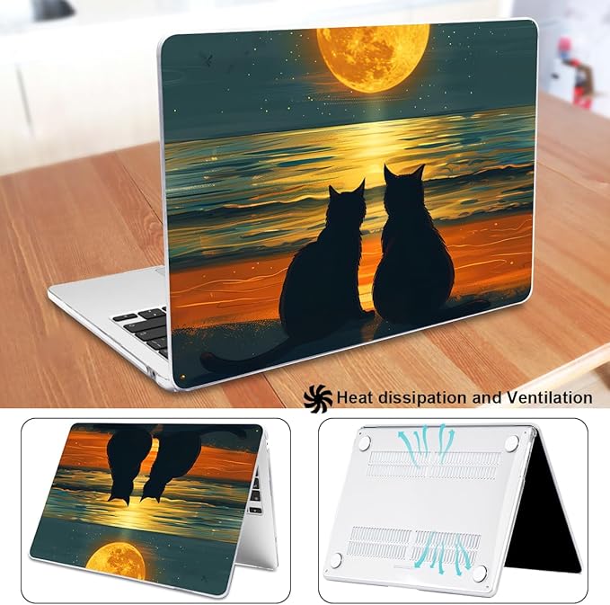 Compatible with MacBook Air 13.6 inch Case 2025 2024 2023 2022 Release M4 A3240 M3 A3113 M2 A2681 with Touch ID, Pattern Plastic Hard Shell Cover for MacBook Air 13.6 M4, Cat Watching Moon