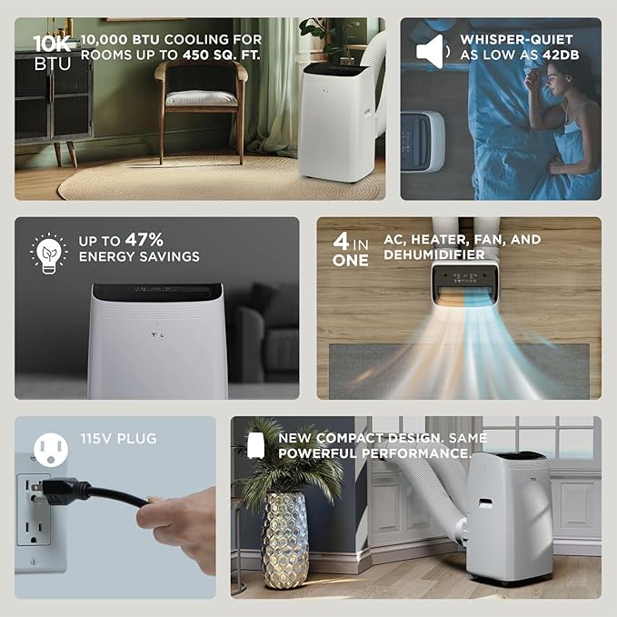 TCL H10PDH56W, 450 Sq. Ft, 10,000 BTU Q-Series Dual Hose Portable Inverter Air Conditioner & Heater, AC Unit with Heat, 47% Energy Savings, Compact Design, Works with Smart Home Devices, White