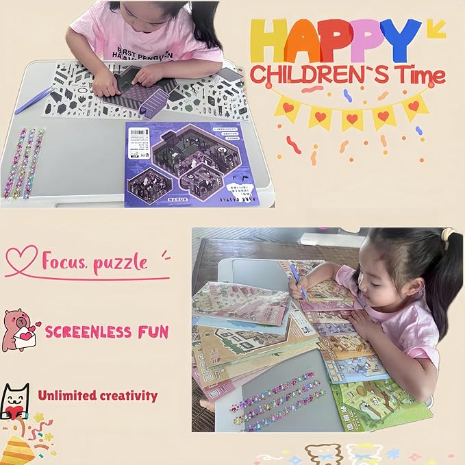 selgratwin DIY 3D Sticker Scenes for Adults Kids Reusable Cute Scene Stickers with Tweezer and Gem Stickers DIY Fun Mini Shops,playgrounds,Dream Houses Sticker Therapy Relief Stress Pass The time