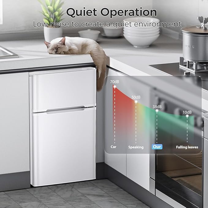 Kismile Mini Fridge with Freezer,3.2 Cu.Ft Compact Mini Refrigerator with Double 2 Door,Adjustable Temperature,Full Size for Home,Kitchen,Dorm,Apartment,Retro White