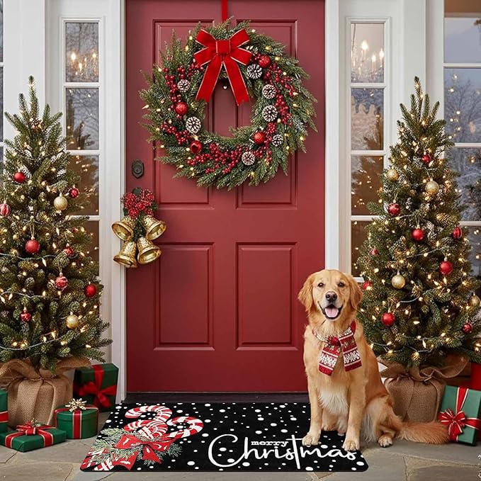 Christmas Door Mat Entrance Decoration Christmas Candy Cane Welcome Mat Black Door Front Porch Rug for Outside Front Porch Entryway Decor, 18" x 30"Inch