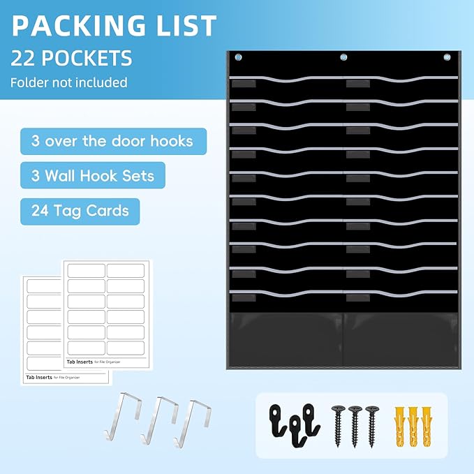 22 Pockets Hanging Wall File Organizer, Sturdy Legal/Letter Size Manila File Folders Organizer, Classroom Pocket Chart with 2 Writable Clear Pockets, 6 Wall/Door Hooks & 24 Labels (Black)