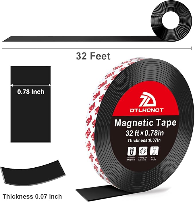 Magnetic Tape - 32 ft x 0.78 inch Magnet Strip Tape Roll with Strong Adhesive Backing for Kitchen, Office, School Organization, Whiteboards,Fridge(0.07" Thick)