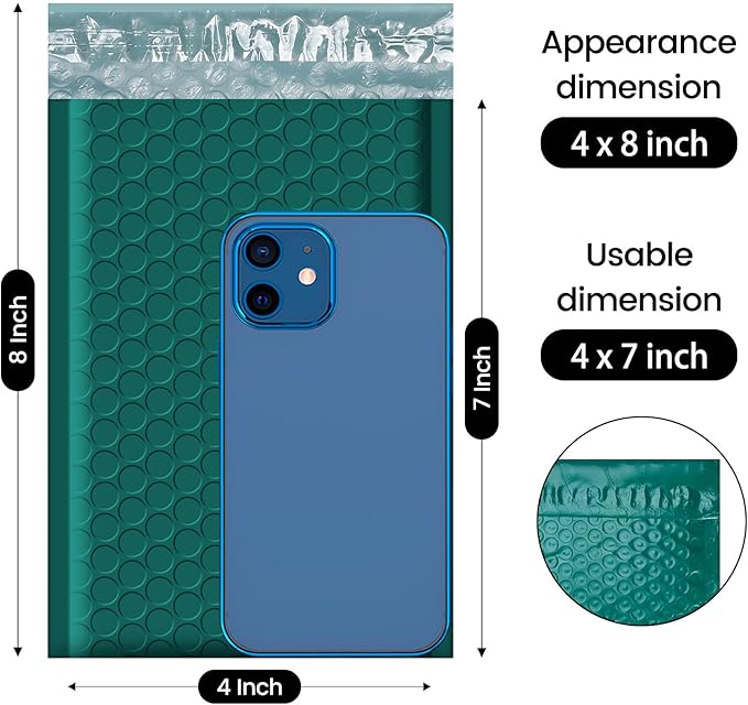 Fuxury Bubble Mailers 4x8" 200 Pack Self Seal Bubble Envelopes Padded Mailers Usable Size 4x7" Forest Green Padded Envelopes for Small Business Envelope Mailers