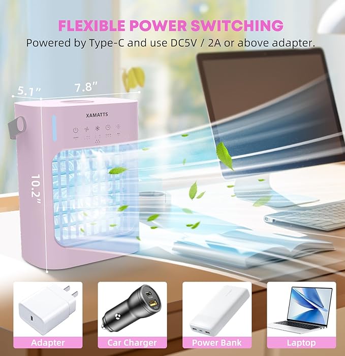 Portable Air Conditioners Cooling Fan, 3 Speeds Evaporative Mini Air Conditioner Portable, 700ml Portable AC Air Cooler, Personal Air Conditioner for Bedroom,Room,Office,Camping-Pink