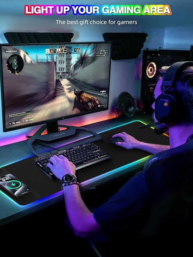 Wireless Charging Mouse Pad, 31.5"x11.81" XL Gaming Mousepad with 11 RGB Colors & 5 Lighting Modes, Home Office Large Desk Pad, Ultra-Smooth Surface, Non-Slip, Waterproof Keyboard Pad Black Desk Mat