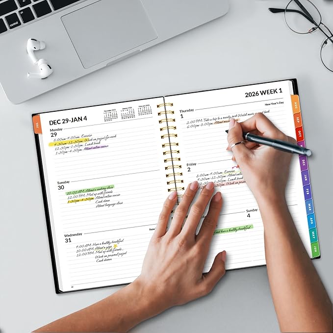 SUNEE 2026 Planner - Weekly and Monthly Calendar Planner from January 2026 - December 2026, 6.4" x 8.3" Daily Agenda with Monthly Tab, Flexible Cover, Note Pages, Pockets, Bookmark, Spiral Binding, Black