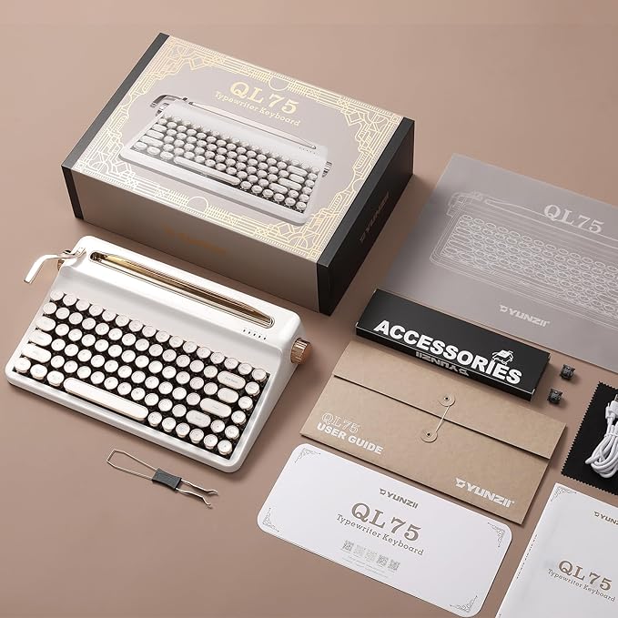YUNZII QL75 Wireless Typewriter Hot Swap Retro Mechanical Keyboard,Punk Round Keycaps,RGB Backlit QMK/VIA Programmable, Multi-Device Keyboard with 2.4GHz/Type-C/BT5.0 (White, Cocoa Cream V2 Switch)