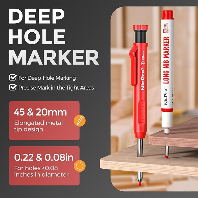 Nicpro 3 Pack CP1000 Carpenter Pencils with Sharpener, Mechanical Carpenter Pencil with 39 Refills, Deep Hole Long Nib Marker Pens for Construction, Heavy Duty Woodworking Pencil for Architect Marking