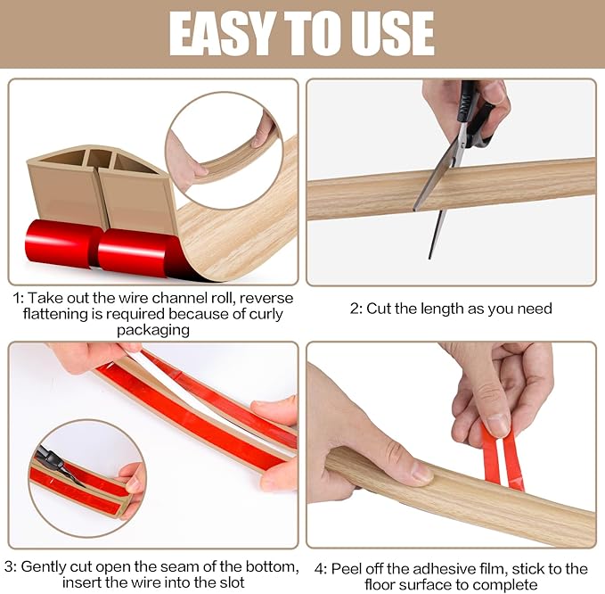 Floor Cord Cover Cavity 0.8"x0.37" Self Adhesive Cord Hider, 3.3FT Low Profile Cable Management, Extension Strip Protector for Wires, Prevent Cable Trips for Offices, Gyms (Wood Light Yellow)