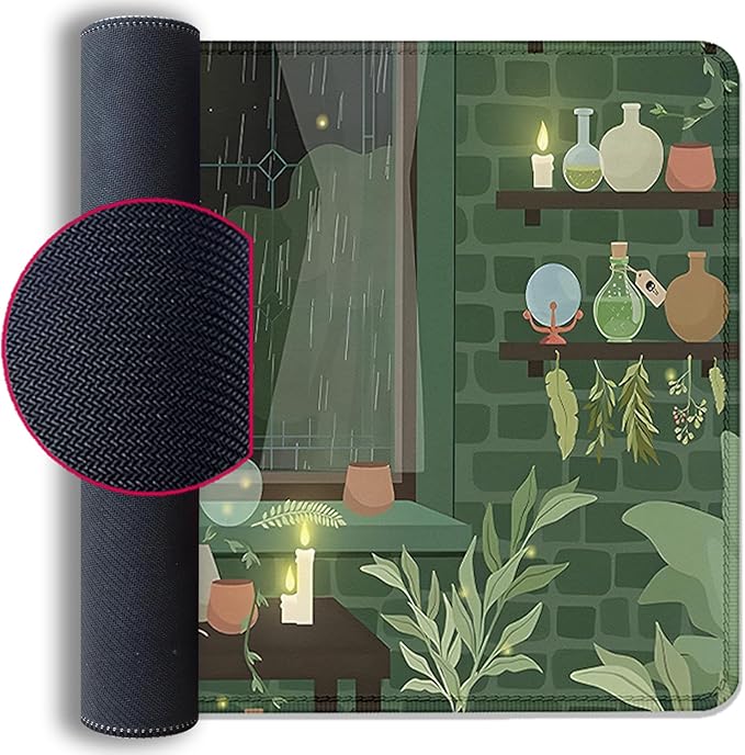 Black Cat Mouse Pad Green Plants Desk Mat Pad Anime Large Gaming Cartoon Cute Mouse Pad,Stitched Edges Non-Slip Waterproof Rubber Base Mous Mat for Office Home Work Gaming(27.5X11.8 in)