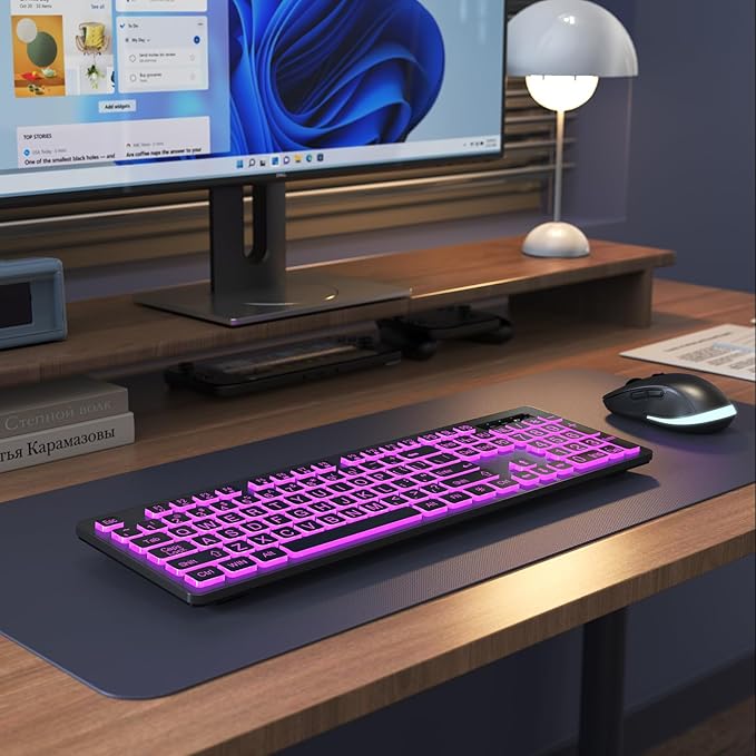Large Print Wireless Keyboard and Mouse - 7 Colors Backlit Keyboard, Oversize Letters Keys Easy to See and Type, Rechargeable Keyboard and Mouse with Light Up Key, Compatible for PC, Windows, Gaming
