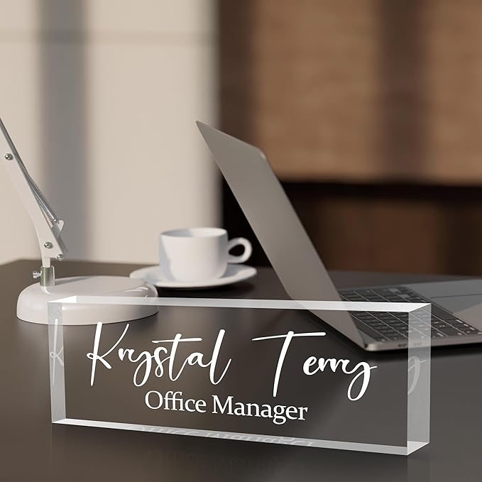 Personalized Name Plate for Desks, Custom Desk Name Plates, Acrylic Name Plate Office Desk Accessories, Personalized Office Gifts for Coworkers Teachers, Employee Appreciation Gifts (Engraved)
