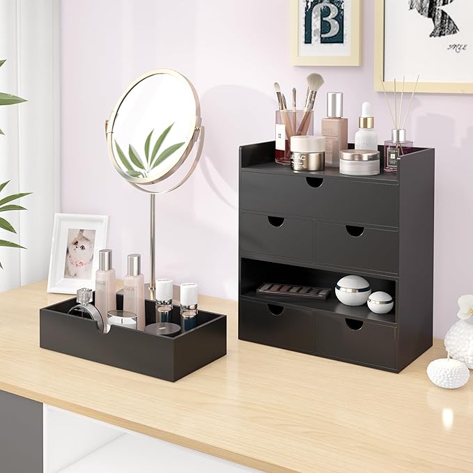 Bamboo Desk Organizer with Drawers Desktop Storage Drawers for Bills Office Supplies Kitchen Utensils Organizing Tool for Home Classroom Organization No Assembly (Black with Shelf)