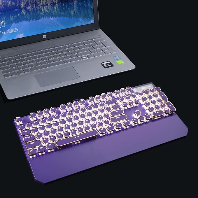 Camiysn Typewriter Style Mechanical Gaming Keyboard, Purple Retro Punk Gaming Keyboard with White Backlit, 104 Keys Blue Switch Wired Cute Keyboards, Round Keycaps for Windows/Mac/PC