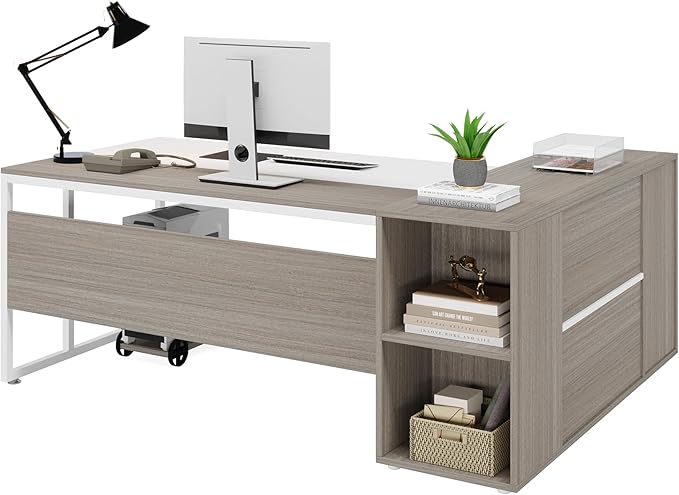 Tribesigns 71 inch Executive Desk, L Shaped Desk with Cabinet Storage, Executive Office Desk with Shelves, Business Furniture Set Workstation for Home Office, Gray and White