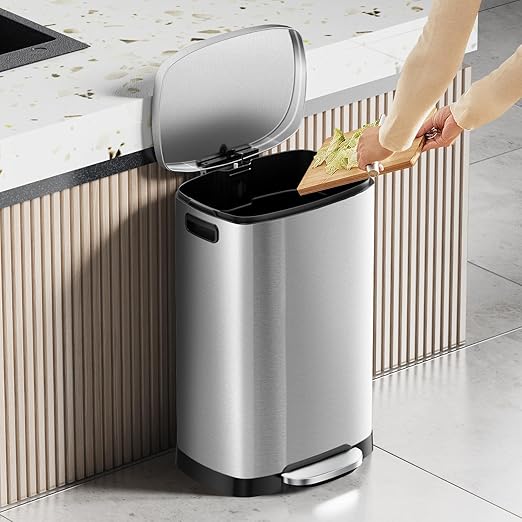 KUK 13 Gallon/50L Stainless Steel Kitchen Trash Can with Lid and Step Pedal-Large Capacity Garbage Bin with Odor Seal, Silent Close Lid, Removable Inner Bucket for Home, Kitchen, Bedroom, Silver