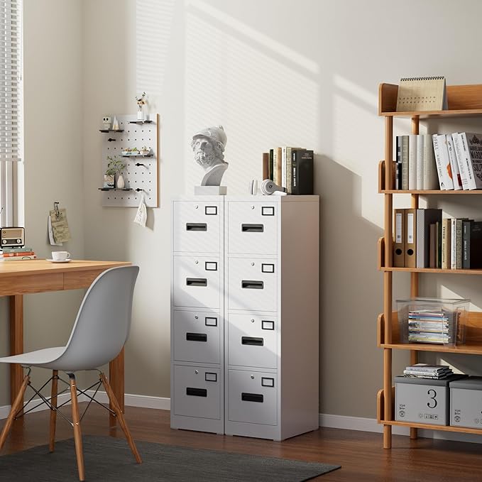 METAN Upgrade Metal 4 Drawer Files Cabinet for Home Office,Lockable Steel File Storage Cabinet with 4 Locks for Hanging Legal/Letter A4 Size, Assembly Required,White