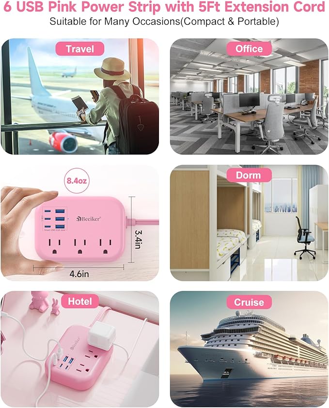 6 USB(3 USB C) Pink Power Strip- 5Ft Extension Cord with 6 USB Charging Station 24W/4.8A and 3 Outlets, Desk Accessories for Cruise Travel Pink Cute Kawaii College Dorm Desk Home Essentials