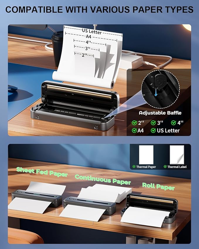 COLORWING Portable Printers Wireless for Travel, 300DPI Mini Compact Inkless Printer, Thermal Bluetooth Printer Compatible with Android and iOS Smartphone & Tablet & Laptop - Gray