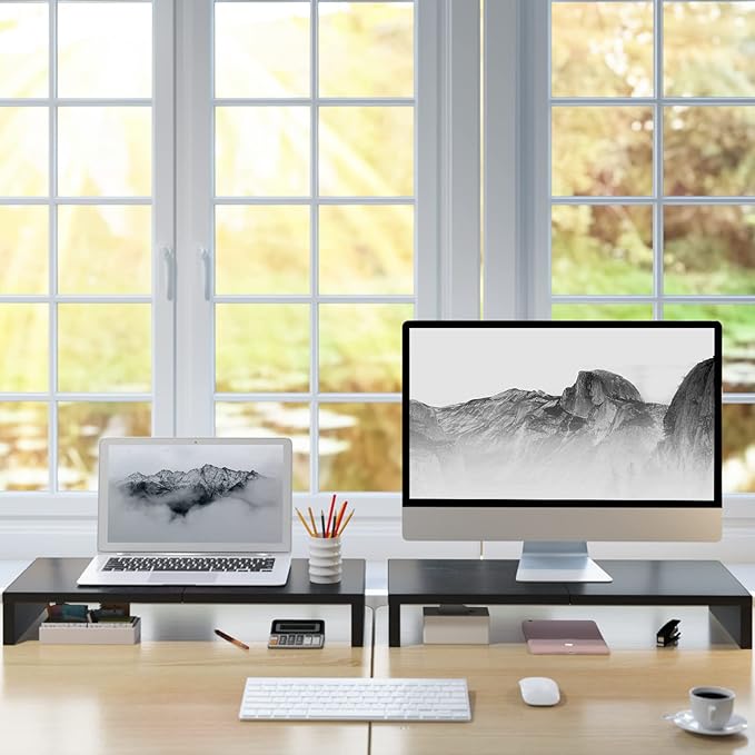 TEAMIX 2 Pack Monitor Stand Riser-20 inch, Black Desktop Stand for PC/TV/Laptop/Printer, Keyboard Shelf Organizer Wood Monitor Riser with Storage