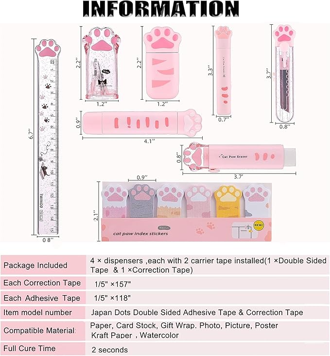 Cute Pink School Supplies, Kawaii Stationary Set, Japanese Stationery Birthday GIFS, Includes Pencil Sharpener,Eraser, Correction Tape, Ruler, Mini Scissors,Utility Knife, for Office Supplies
