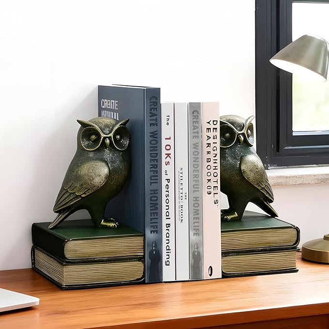 Dosker Book Ends for Shelves,Owl Decorative Bookends,Cute Animal Book Holders for Kids Rooms,Offices and Bedrooms(Retro Bronze)