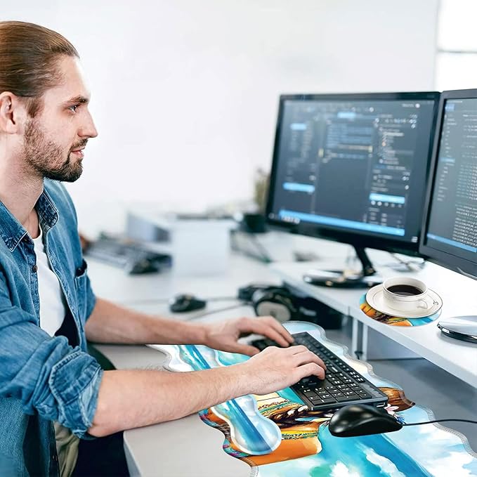 Large Mouse Pad and Keyboard Wrist Rest, Desk Pad for Keyboard and Mouse, 4-in-1 Large Gaming Mouse Pad with Wrist Support, Desk Mat for Home Office Study Game-Girl with Floral and Feather