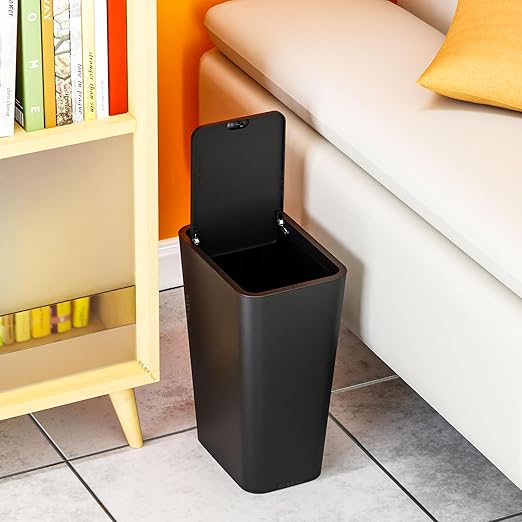 12L Black Covered Bathroom Trash Can,Office Trash Cans for Near Desk,Slim Bedroom Cute Small Trash Can,3.17Gallon Plastic Pet/Dog Proof Bathroom Garbage Can,Thin Waste Basket for Room,Kitchen Trashcan