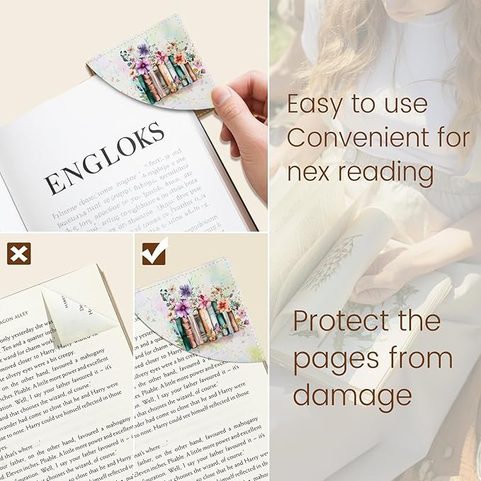 Floral Book Corner - Cute Leather Bookmarks, 3 Pcs Reading Page Markers - Gifts for Women, Men, Students and Teachers