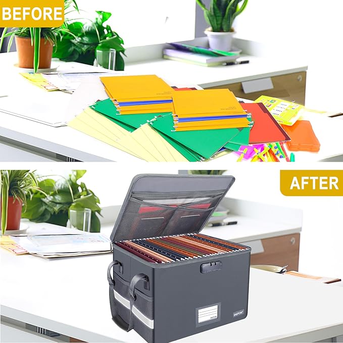 ENGPOW File Box with Lock, Fireproof Document Box with Pockets, Collapsible File Organizer Filing Storage Cabinet with Handle, Portable Home Office Safe for Hanging Letter/Legal Folders,Gray,2 Pack