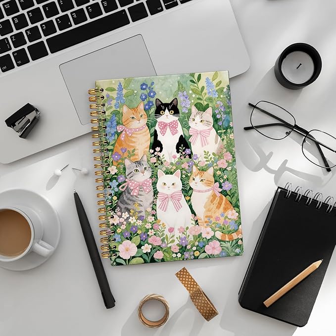 LIANHW Coquette Cute Pink Bow Cats Notebook for Women Girls, Cute Preppy Aesthetic School Supplies, Cat Lover Gifts, Coquette Pink Bow Hardcover Lined Notebook 5.5 x 8.3