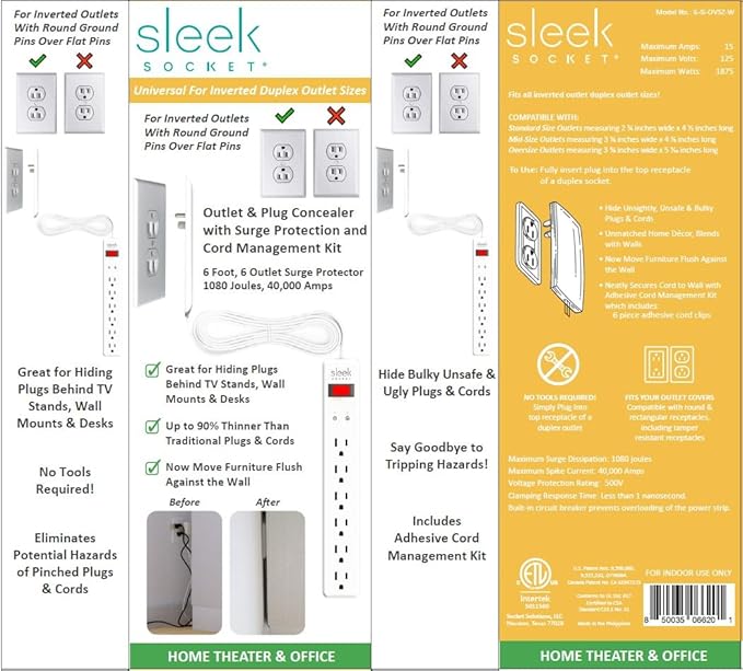 Sleek Socket Original & Patented Ultra-Thin Outlet Concealer with Cord Concealer Kit, Flat Extension Cord with Multi Outlets Surge Protector Power Strip, Ideal for Home Office and Home Theater