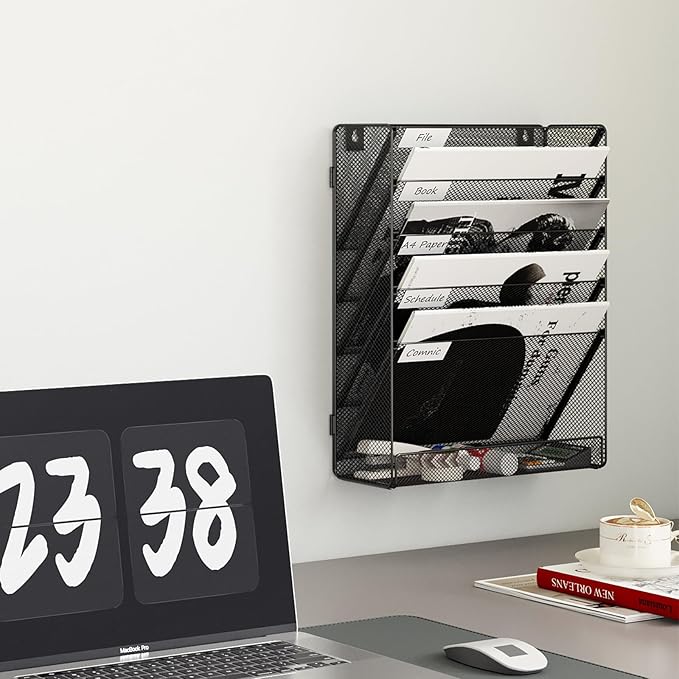6 Tier Wall File Mounted Magazine Rack with Tray Mesh A4 Paper Organiser Mail Holder Storage, Black