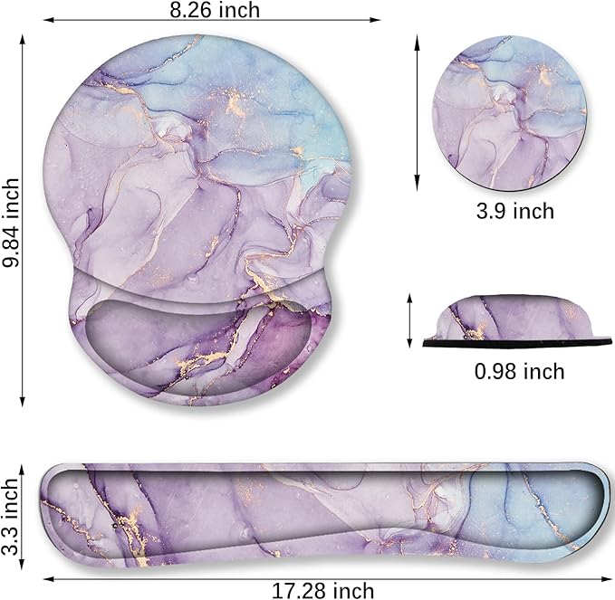 ArtSo Mouse Pad Keyboard Wrist Rest Support Ergonomic, Upgraded Cushion Mousepad Gel Memory Foam Non-Slip Rubber Base Pain Relief & Easy Typing for Home,Office, Purple Blue Marble