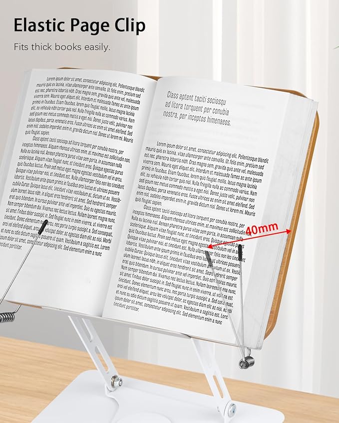 Honagu Book Stand for Reading, Adjustable Book Holder with 360 Degree Rotating Base & Page Clips, Hands Free Foldable Desktop Cookbook Stand for Sheet Music, Laptop, Recipe, Textbook (Yellow Wood)