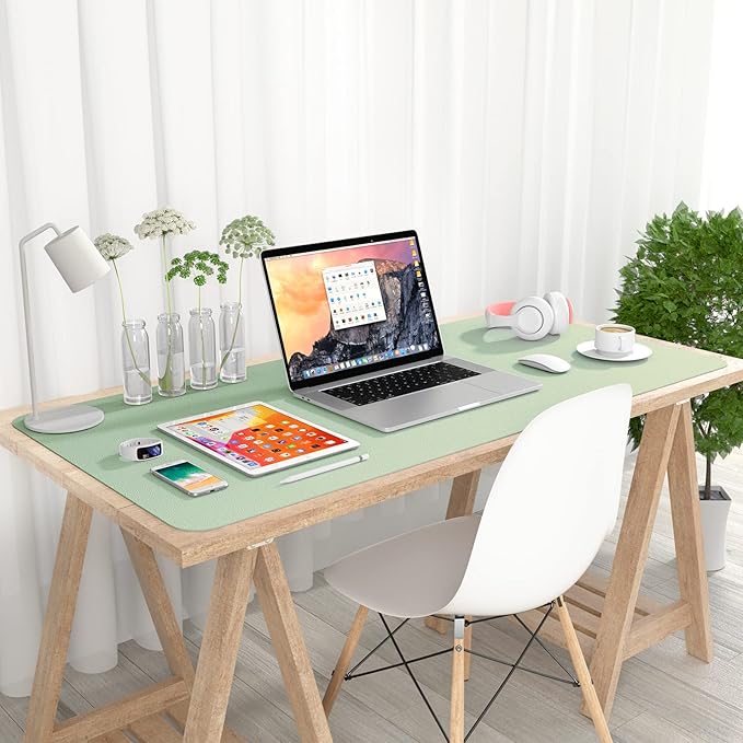 Hsurbtra Desk Pad, 35.5" x 17" PU Leather Desk Mat, XXL Extended Mouse Pad, Waterproof Desktop Blotter Protector, Non-Slip Ultra Thin Large Laptop Keyboard Writing Mat for Office Home, Lake Green