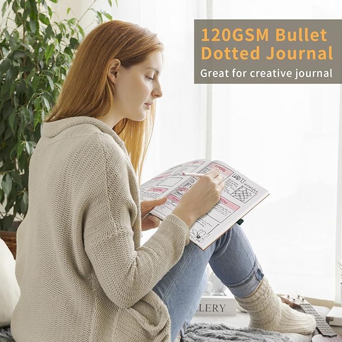 AHGXG Bullet Dotted Journal - Dot Grid Notebook Journal, 120 GSM Thick Acid-Free Paper, Large B5 Dotted Notebook 96 Pages, Leather Softcover, Inner Pocket, Journal Stencil, 7.6'' X 10'' - Sage Green