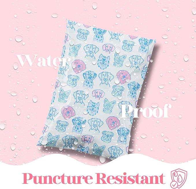 10x13 Designer Poly Mailer 100 Pack Heavy Duty Waterproof Self Seal Shipping Bags for Small Business Large Mailing Envelopes Bulk Tear Resistant Packaging Pretty Pups Puppy Dogs